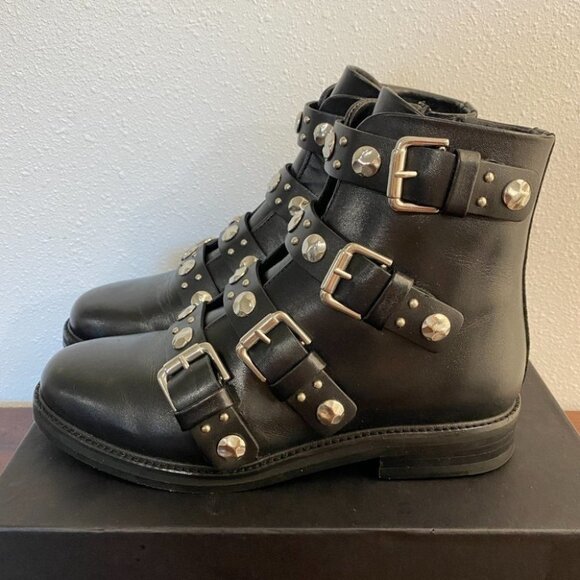 Maje Shoes - MAJE Fortuna Studded Leather Boots In Black Size 36 Moto Combat Buckle